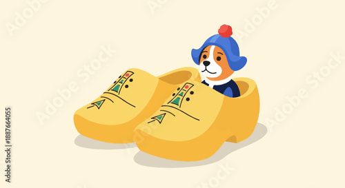 A cartoon dog in a blue hat peeks out from inside a pair of yellow clogs