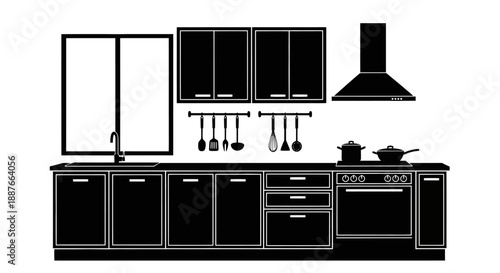 Modern kitchen interior design silhouette with appliances and cabinets.
