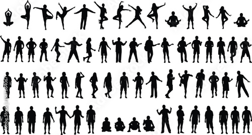 People silhouette pose collection featuring men and women dancing, yoga positions, music performance, gestures, standing actions, and expressive human activities isolated on white background