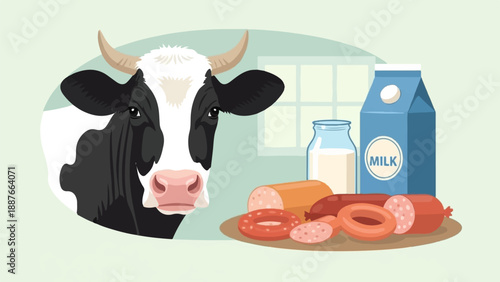 A cartoon cow looks at a platter of sausages, a milk carton, and a jar of milk