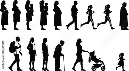 Human life stages silhouette set showing pregnancy, parenthood, fitness, work, aging, and childhood development timeline isolated on white background