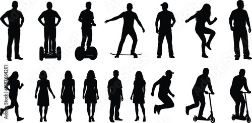 People silhouette activity set featuring men and women walking, skating, riding scooter, dancing, and casual urban lifestyle poses isolated on white background