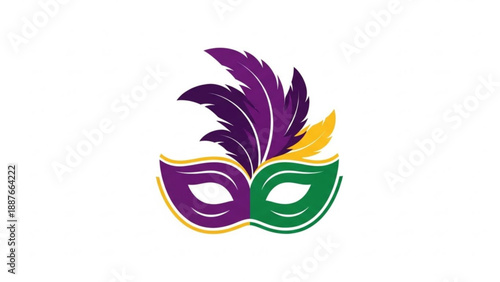 Mardi Gras Mask with Purple Green Feathers on White Background