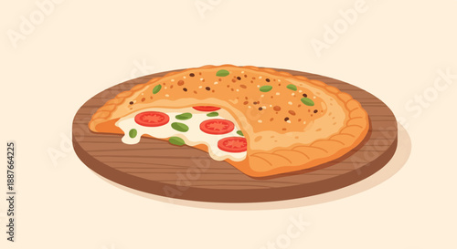 A baked pastry filled with cheese, tomatoes, and herbs sits on a wooden board