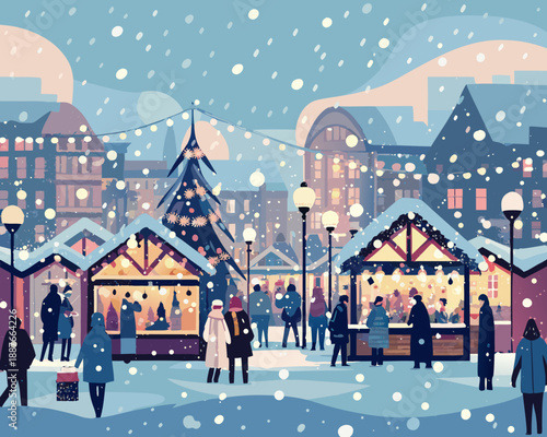 Festive winter scene depicting a bustling christmas market with snow falling