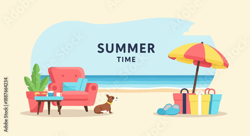 A beach scene with a chair, dog, and beach umbrella with gifts