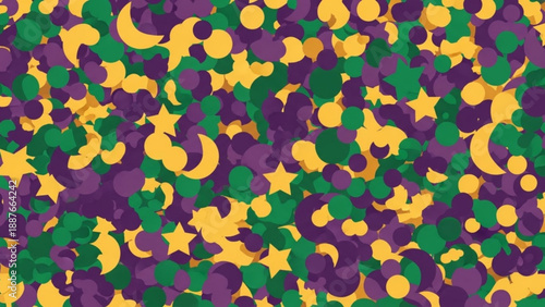 Mardi Gras Confetti Background with Purple, Green, and Gold Colors and Celebratory Pattern, Carnival Decoration