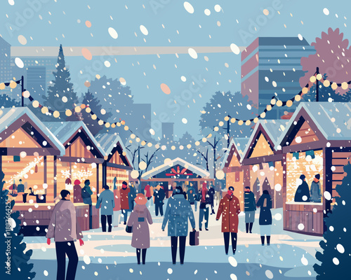 A bustling winter market scene with snowy rooftops and city views