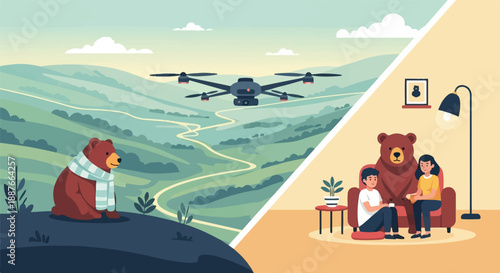 A bear in scarf watches drone over hills, family with bear at home