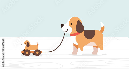 A beagle dog pulls a toy dog on a leash across a wooden floor