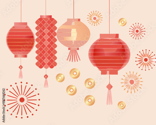 Festive chinese lanterns and golden coins hanging for a celebration