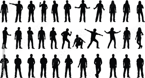 Man silhouette set showing male standing poses, hand gestures, body language expressions, casual positions, and human posture collection isolated on white background