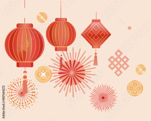 Traditional chinese lanterns and festive decorations on a light peach background