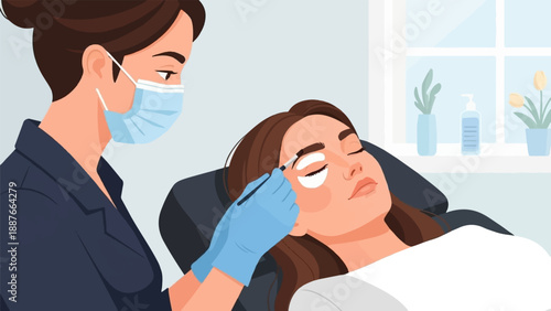 A beautician applying product to a client's eyebrows
