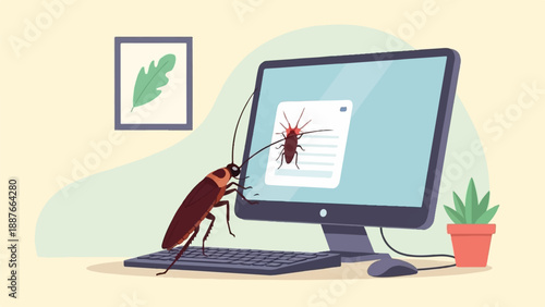 A cartoon cockroach crawls on a computer keyboard in front of a monitor