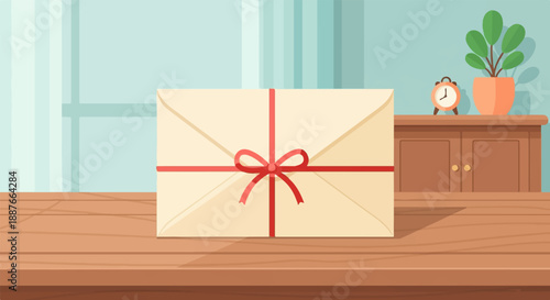 A beautifully wrapped gift package rests on a wooden table beside a potted plant and alarm clock