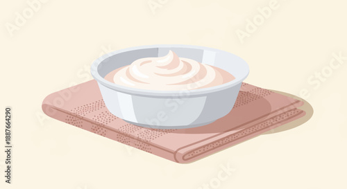 A close up illustration of a bowl of creamy whipped topping on a pink napkin
