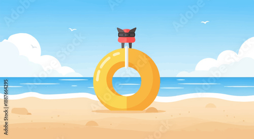 A cartoon character stands on a yellow inflatable ring on a sandy beach