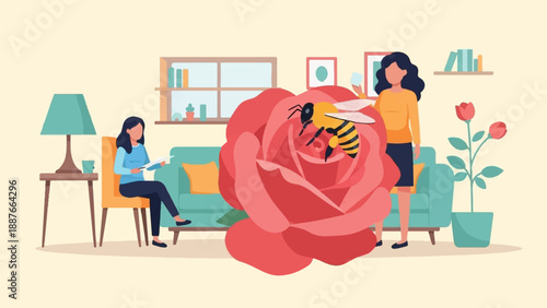 A bee lands on a large rose in a living room with two women present