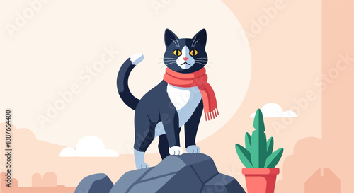 A black and white cat wearing a red scarf stands on a rock