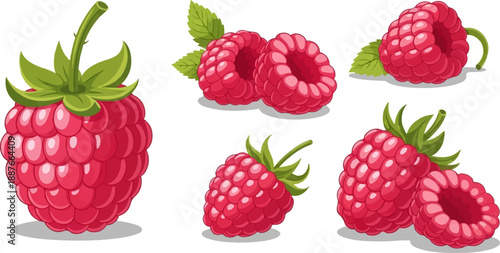 A collection of vibrant, pixelated raspberries with green leaves and stems
