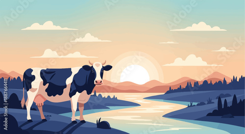 A black and white cow stands by a river at sunset in a pastoral landscape