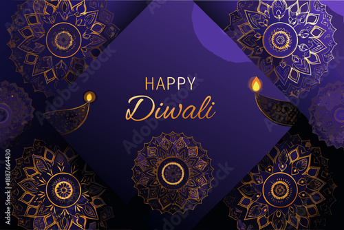 Golden floral decorations and a lit diya for a happy Diwali celebration