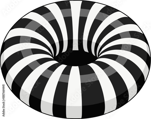 A black and white striped torus shape with a warped optical illusion effect