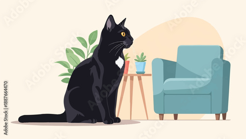 A black cat sits beside a teal armchair in a softly lit room