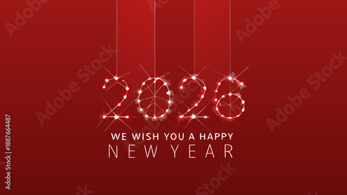 Illuminated new year 2026 design with hanging lights and festive greetings
