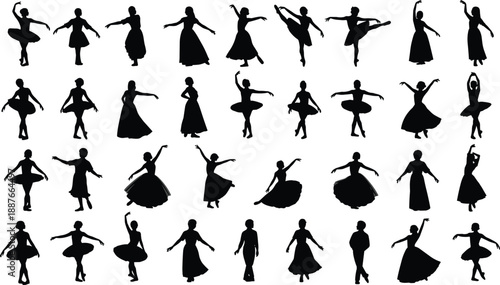 Ballet dancer silhouette collection featuring classical dance poses, graceful movement positions, female performers, and elegant choreography isolated on white background