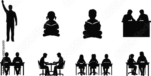 Education silhouette set showing teacher and students reading, studying, classroom learning activities, school children knowledge concept isolated on white background