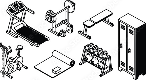 Isometric line art gym equipment set with treadmill stationary bike weight bench dumbbell rack barbell and locker viewed in top down angle simple monochrome vector illustration