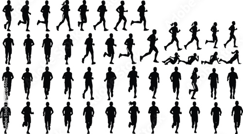 Running people silhouette set showing male and female joggers, fitness training poses, exercise movement sequence isolated on white background