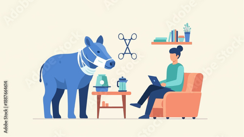 A blue animal with a mask stands near a table with coffee maker and a person with laptop