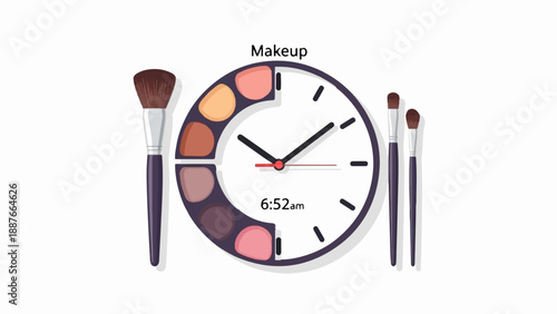 A clock face with makeup colors as hour markers, and makeup brushes