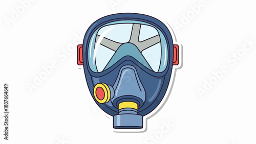 A blue cartoon-style gas mask with clear goggles and red accents