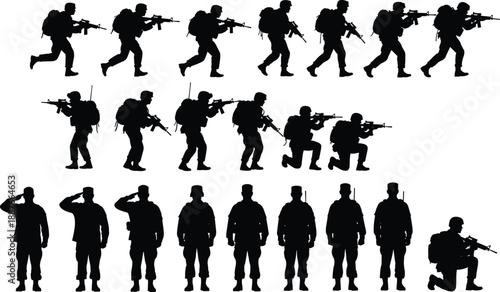 gMilitary soldier silhouette set showing armed infantry positions, tactical movement, saluting poses, and combat stances isolated on white background