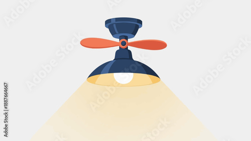 A blue ceiling fan with orange blades shines a warm light