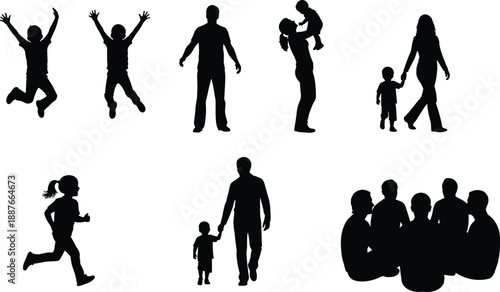 Family silhouettes set showing parents and children walking, playing, jumping and bonding together, black human figures isolated on white background