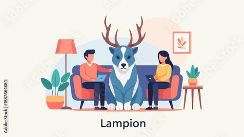 A blue deer with antlers sits between two people working on laptops on a couch