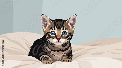 A cute tabby kitten with blue eyes rests on a soft, beige surface