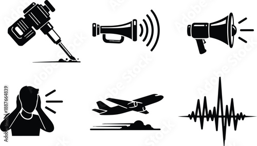 Flat design icon set close up construction jackhammer megaphone loudspeaker screaming person airplane takeoff soundwave noise symbols on white background bold monochrome simple vector icons collection