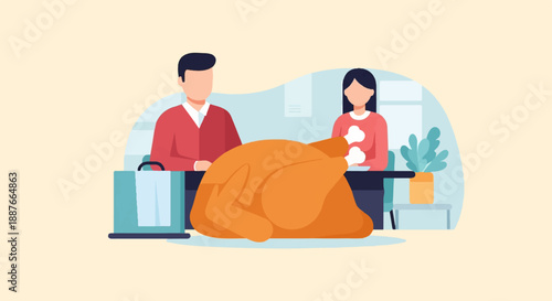 A couple sits at a table with a roasted chicken in front of them