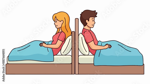 A couple sits back to back in separate beds, covered by blankets