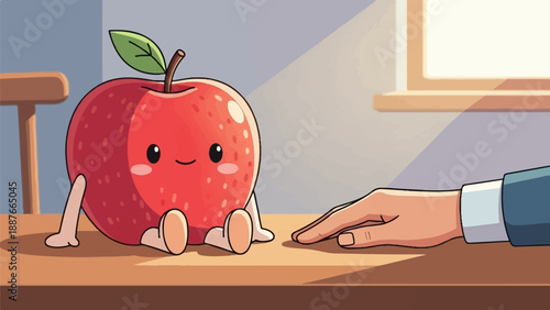 A cute, smiling apple with arms and legs sits on a table near a person's hand