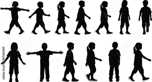 Children walking silhouettes set showing boys and girls in side view poses, black kid figures standing and moving isolated on white background