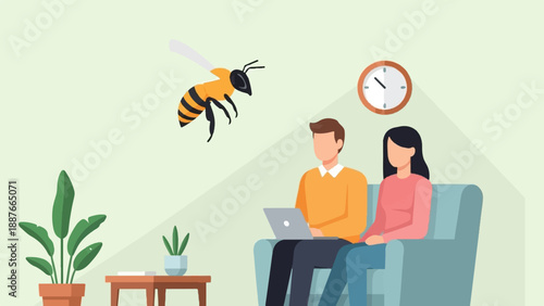 A couple sits on a couch, one with a laptop, as a bee flies nearby indoors