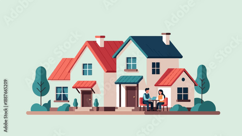 A couple sits outside two houses, working on laptops, surrounded by trees and bushes