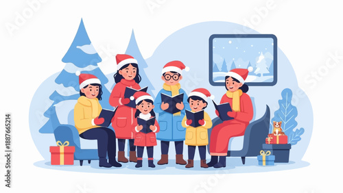 A diverse group of people of various ages gather together to sing carols on Christmas Eve